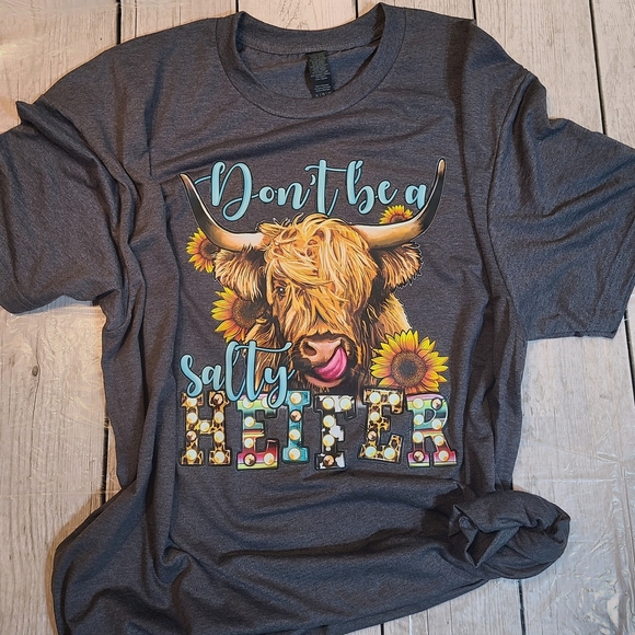 Dont Be A Salty Heifer Funny Highland Cow Graphic Charcoal Short Sleeve Tee - Picture 3 of 12